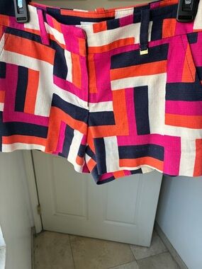 Trina Turk Geometric High-Waist Shorts in Pink, Orange & Navy